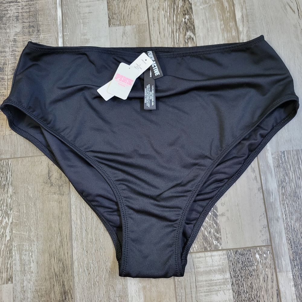 New VS Pink Active Swim High Waist Mini Bikini Bottom Black Size Large